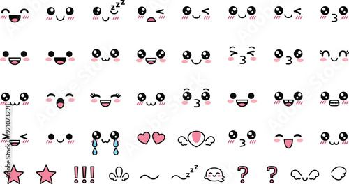 Kawaii emoticon vector set, cute Japanese style faces, happy blushing anime expressions, funny character icons, small sweet stickers, hearts, stars.