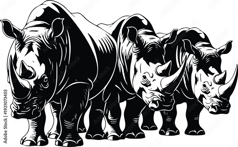 Fototapeta premium Three Rhinoceros Standing Silhouette - African Rhino Trio Wildlife Woodcut Vector Art