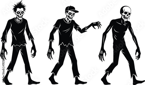 Scary zombie silhouette vector set, undead walking corpses, halloween horror characters, creepy monster silhouettes, graveyard ghouls, apocalypse survivors, skeleton, thriller.