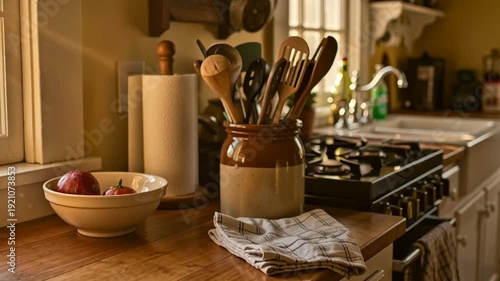 Warm Sunlight Kitchen Countertop With Utensils Jar And Ingredients