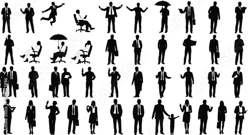 Business silhouette collection, professional poses, formal attire, office activities, teamwork, interaction