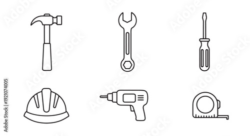Simple Outline Stroke Vector Icon Set of Construction Tools Hammer Wrench Screwdriver Drill Hard Hat Measuring Tape