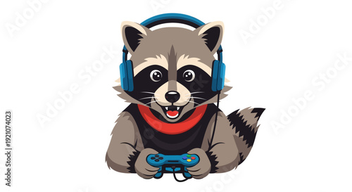 Raccoon Wearing Headphones and Holding Game Controller.