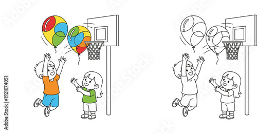 Happy Kids Playing with Balloons & Basketball Hoop: Fun Cartoon & Coloring Page for Children's Activities