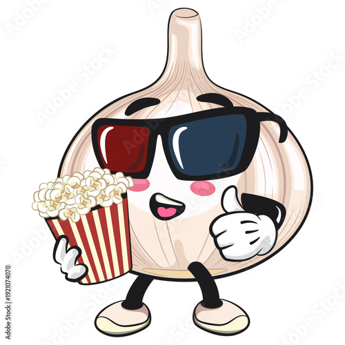 cute garlic mascot character with a bucket of popcorn with wearing 3d glasse, isolated vector illustration, work of hand drawn