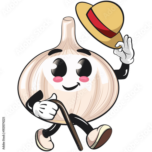 cute garlic mascot character walk with a stick and saluting with raised hat, isolated vector illustration, work of hand drawn