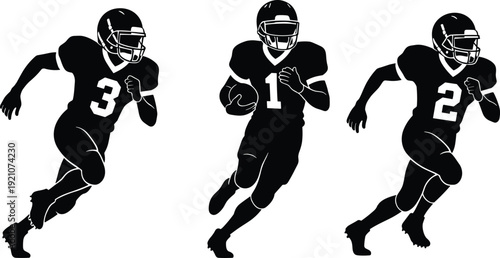 American football player silhouettes, running back action poses, athletic sport vector illustration, isolated competition design collection bundle