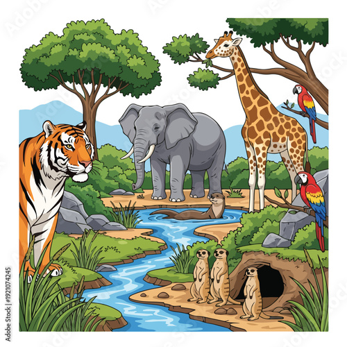 Wild animals in their natural habitat jungle scene