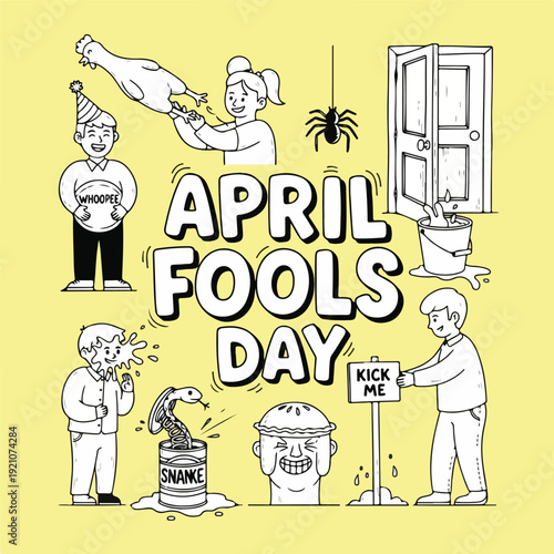 April Fools Day pranks and jokes on yellow background