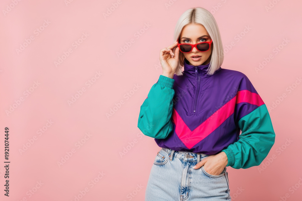 Fototapeta premium Young Blonde Woman in Retro 90s Colorblock Windbreaker Peering Over Red Sunglasses on Pink Background with Copy Space