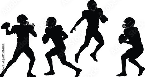 American football player silhouette set, quarterback running action poses, athlete sport illustration, isolated vector, professional training concept
