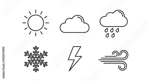 Flat Outline Stroke Vector Icon Pack of Weather Symbols Sun Cloud Rain Snowflake Lightning Wind