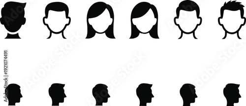 Avatar silhouette collection, male female profile icons, user face set, isolated illustration, default profile picture, human head vector