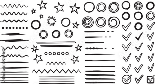 Black and White Decorative Elements Set in Simple Minimalist Style with High Contrast Lighting on White Background for Graphic Design