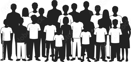 Black and white vector silhouette set of a large diverse group of people standing together representing community teamwork friendship family and social unity branding