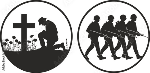 Black vector silhouette icon set of a kneeling soldier praying at a grave cross and infantry troops marching for military memorial and veterans day branding