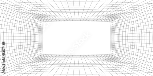 Room projection grid in futuristic 3d style. Outline futuristic grid background, room projection. Wireframe grid template in perspective view