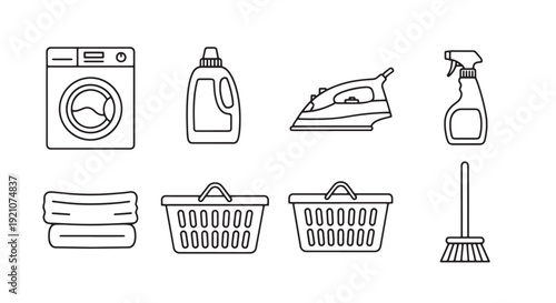 Simple Outline Stroke Vector Icon Set of Laundry Cleaning Items Washing Machine Detergent Iron Basket Spray Bottle Broom