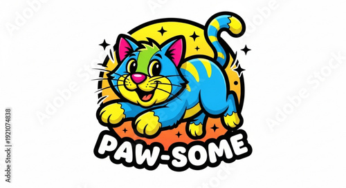 Vibrant cartoon cat with paw-some expression and colorful design