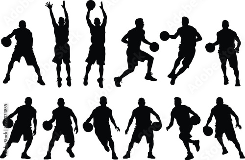 Basketball player silhouettes collection, dribbling shooting jumping poses, athlete action vector set, isolated sports illustration design bundle