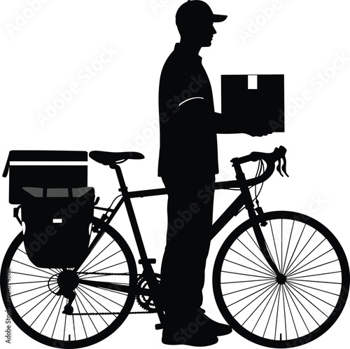 Black vector silhouette of a delivery man holding a package next to a bicycle with panniers for courier logistics shipping and sustainable transport branding