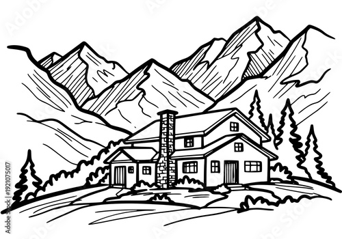 Serene mountain house illustration with trees and peaks