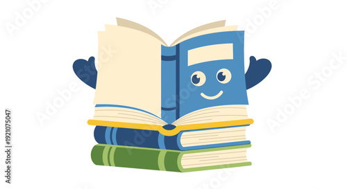 Stack of Books with Smiling Character.
