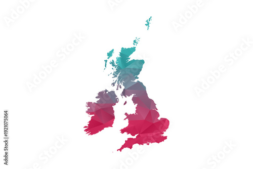 United Kingdom Map - Polygon Style Vector Illustration in Teal and Red Gradient, Low Poly Geometric Design, Isolated on White Background for Infographics and Education.
