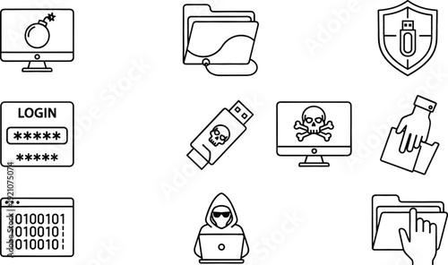 Cyber Security and Data Protection Icon Set Featuring Malware, Hacker, Secure Login, Encrypted Folder, and Online Privacy Symbols for Digital Safety