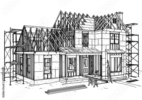 Modern house under construction with exposed framing and scaffolding