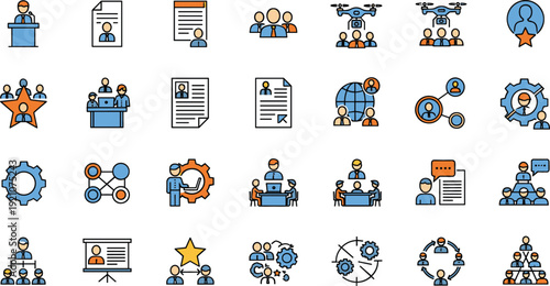 Human Resources and Team Management Icon Set Featuring Recruitment, Leadership, Collaboration, Networking, and Business Organization Symbols for Corporate Design