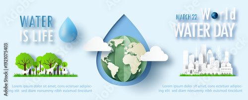 Poster's campaign and conceptual of world water day in paper cut style with global in a water droplet shape, wording of event, example texts on light blue background.