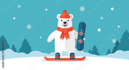 White Bear Snowboarder Wearing Red Scarf and Hat.