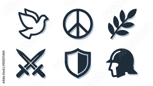 Diverse symbols representing peace, protection and conflict in a graphic illustration.