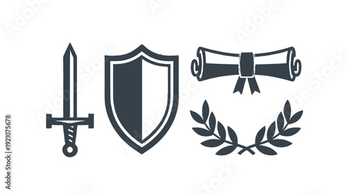 Emblematic symbols representing protection and achievement.