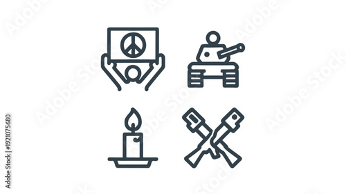 Set of graphic icons that depict peace and war concepts.