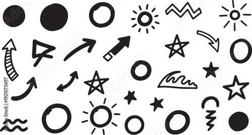 Hand-drawn doodle elements in minimalist black and white style with simple shapes and abstract symbols for graphic design