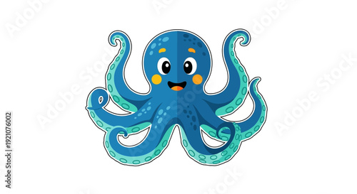Blue Cartoon Octopus with Curled Tentacles.