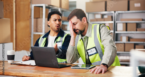 Fotografía Laptop, distribution and men in warehouse, angry for delivery mistake and talking