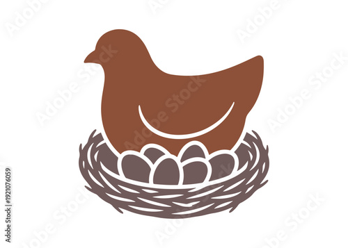 Brood hen icon. A bird perched on a clutch of eggs to hatch chicks. Nesting bird. Brooding chicken. Poultry farming and selection. Isolated vector illustration.