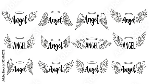 a varied collection of angel wings halos and angel text graphic illustrations perfect for spiritual religious or memorial design projects.