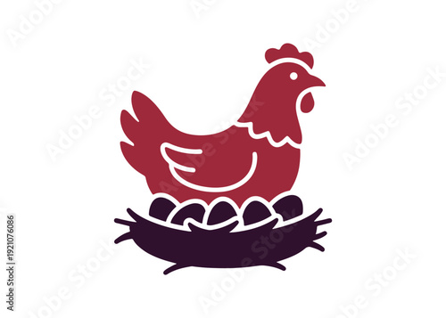 Brood hen glyph design. A bird sitting on a clutch of eggs to care for its chicks. Nesting fowl. Brooding chicken. Poultry selection and farming. Vector illustration isolated.