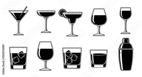 a versatile set of various drink glasses and barware icons perfect for menu designs and beverage industry promotions.