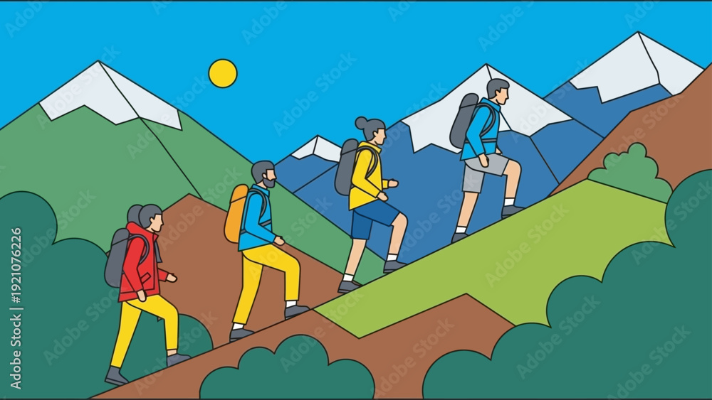Fototapeta premium a group of hikers with backpacks ascending a winding mountain trail on a sunny day depicting outdoor adventure travel and teamwork.