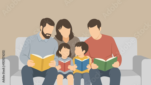 a family reading books together on a sofa at home fostering a cozy and educational atmosphere perfect for promoting literacy and bonding.