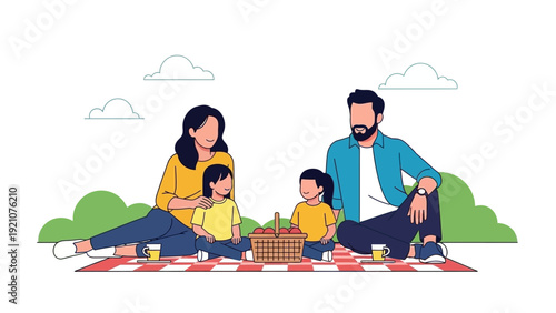 a family with parents and two daughters enjoying an outdoor picnic on a checkered blanket depicting summer and togetherness.