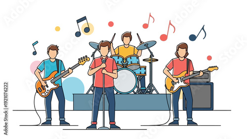 a four-person band playing live music on stage with a vocalist guitarist bassist and drummer depicting concert entertainment.
