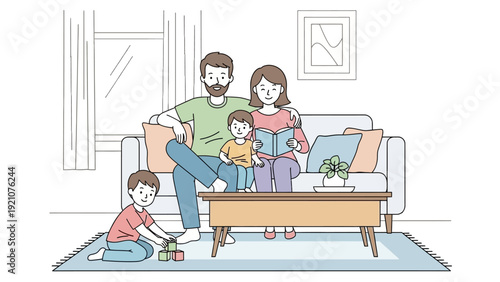 a happy family with parents and two young children enjoying quality time in their bright living room reading and playing illustrating togetherness.