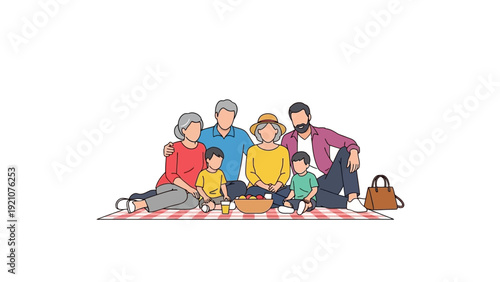 a happy multi-generational family enjoying a summer picnic on a red checkered blanket outdoors depicting family bonding and togetherness.