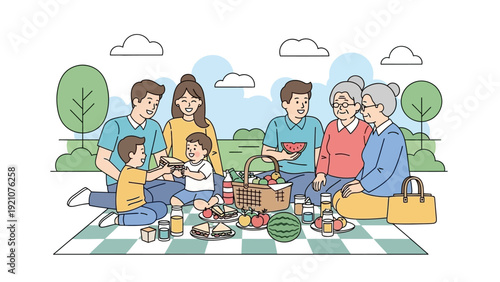 a happy multi-generational family with grandparents parents and children enjoying a summer picnic outdoors in a park fostering bonds.